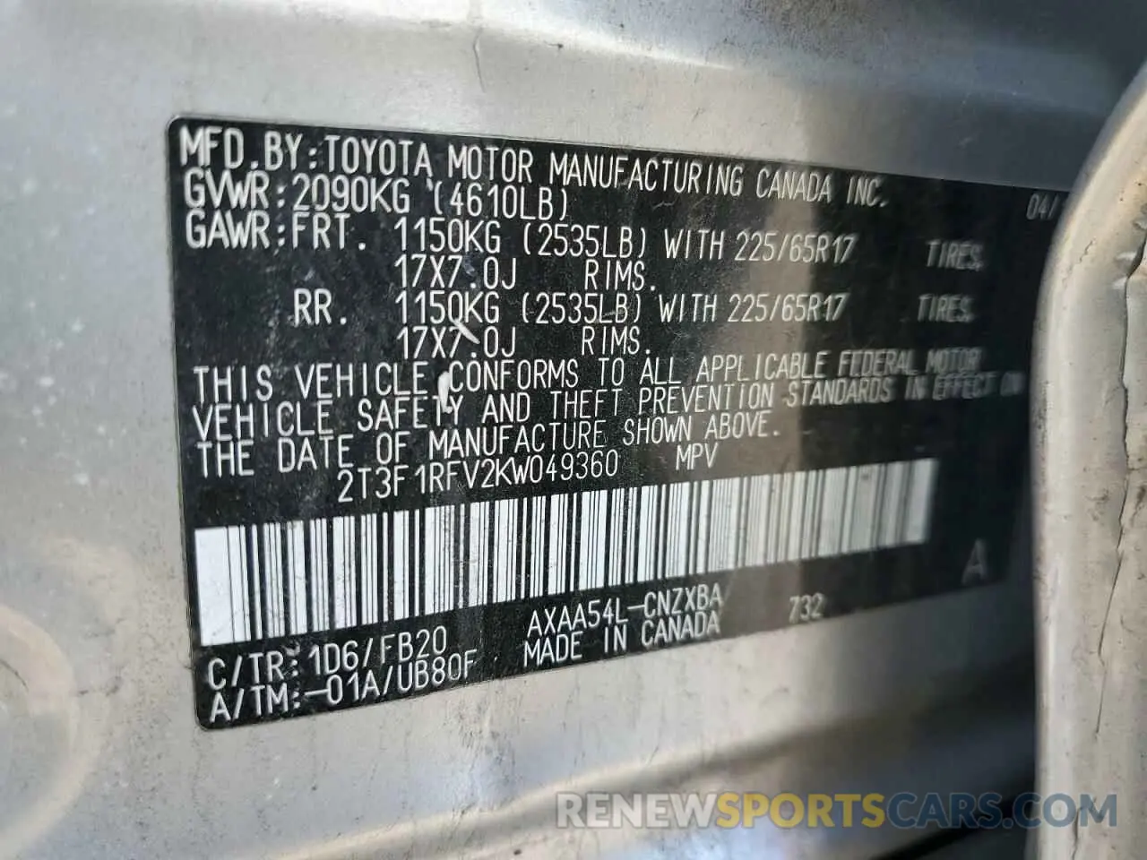13 Photograph of a damaged car 2T3F1RFV2KW049360 TOYOTA RAV4 2019
