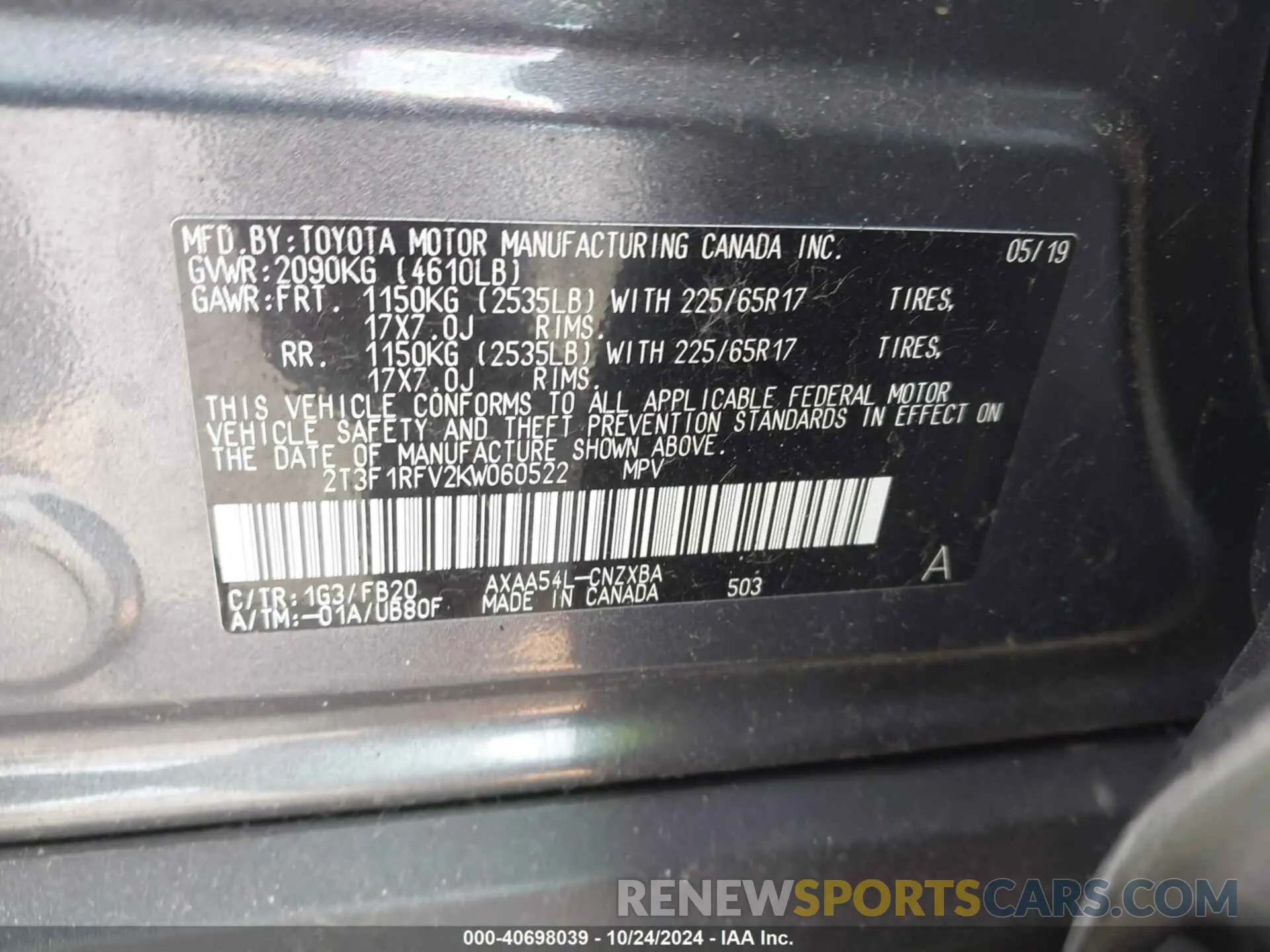 9 Photograph of a damaged car 2T3F1RFV2KW060522 TOYOTA RAV4 2019