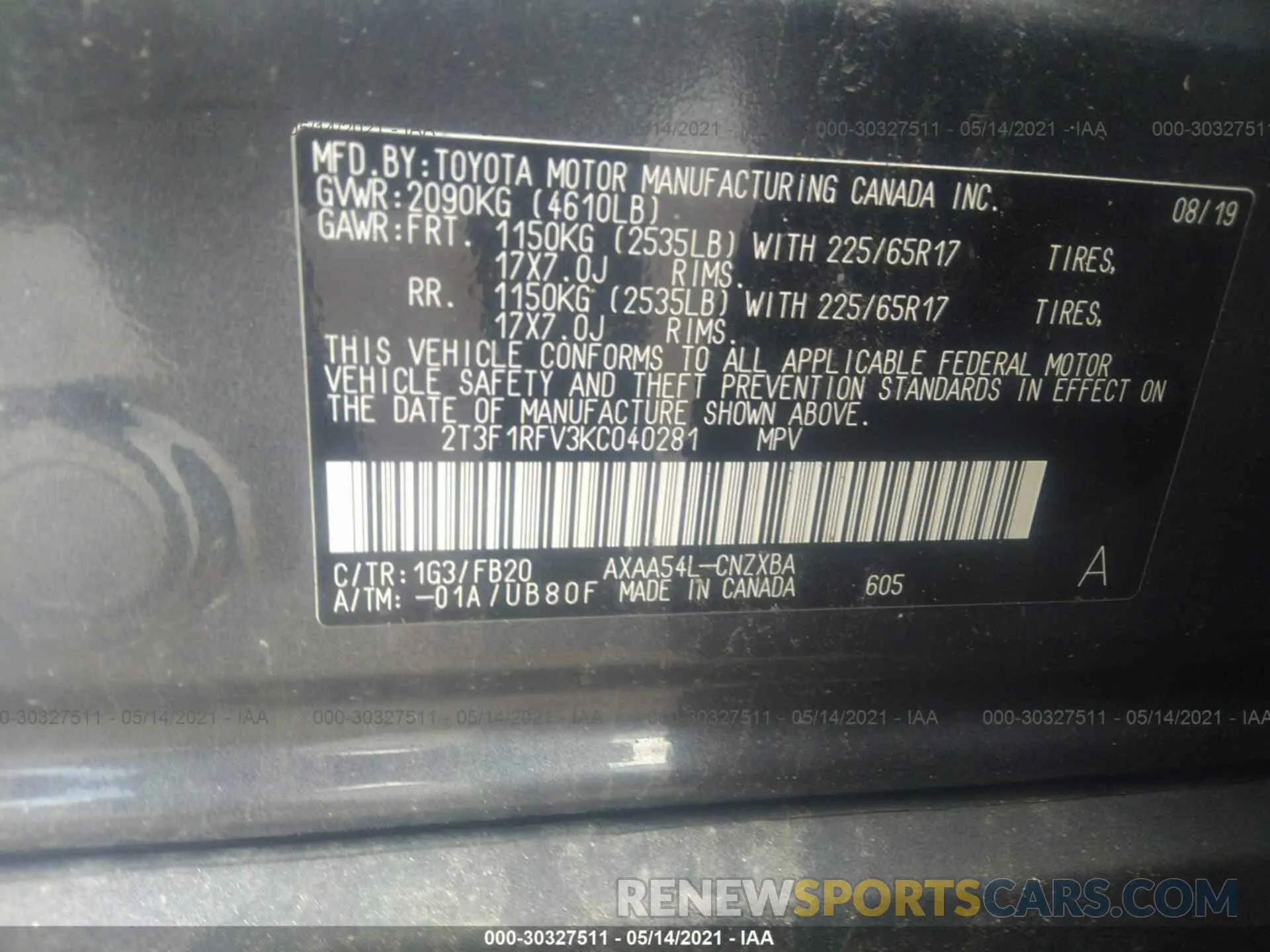 9 Photograph of a damaged car 2T3F1RFV3KC040281 TOYOTA RAV4 2019