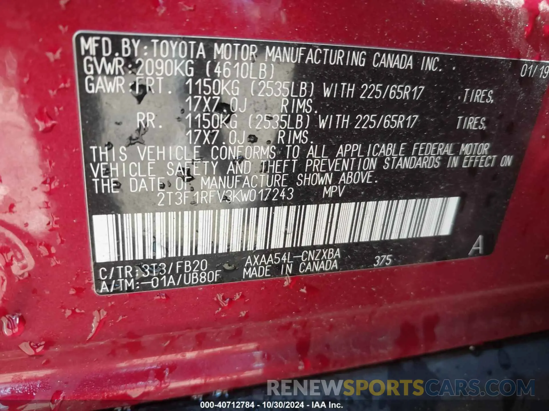 9 Photograph of a damaged car 2T3F1RFV3KW017243 TOYOTA RAV4 2019