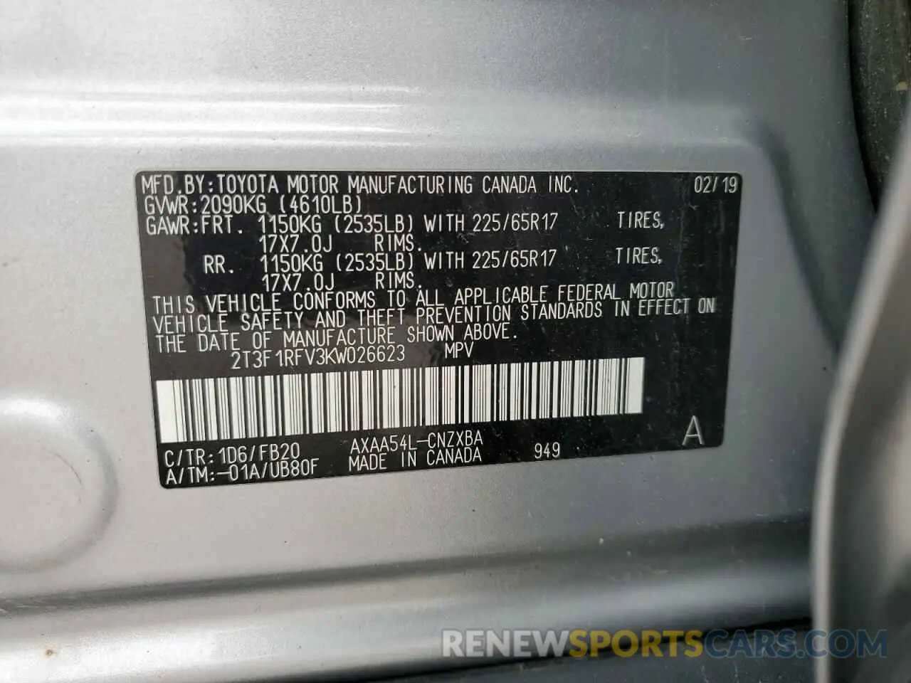 13 Photograph of a damaged car 2T3F1RFV3KW026623 TOYOTA RAV4 2019