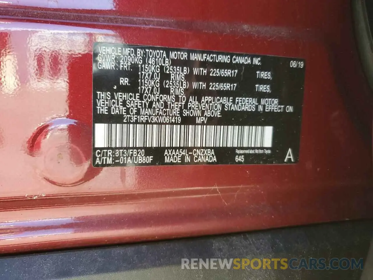 13 Фотография поврежденного автомобиля 2T3F1RFV3KW061419 TOYOTA RAV4 2019