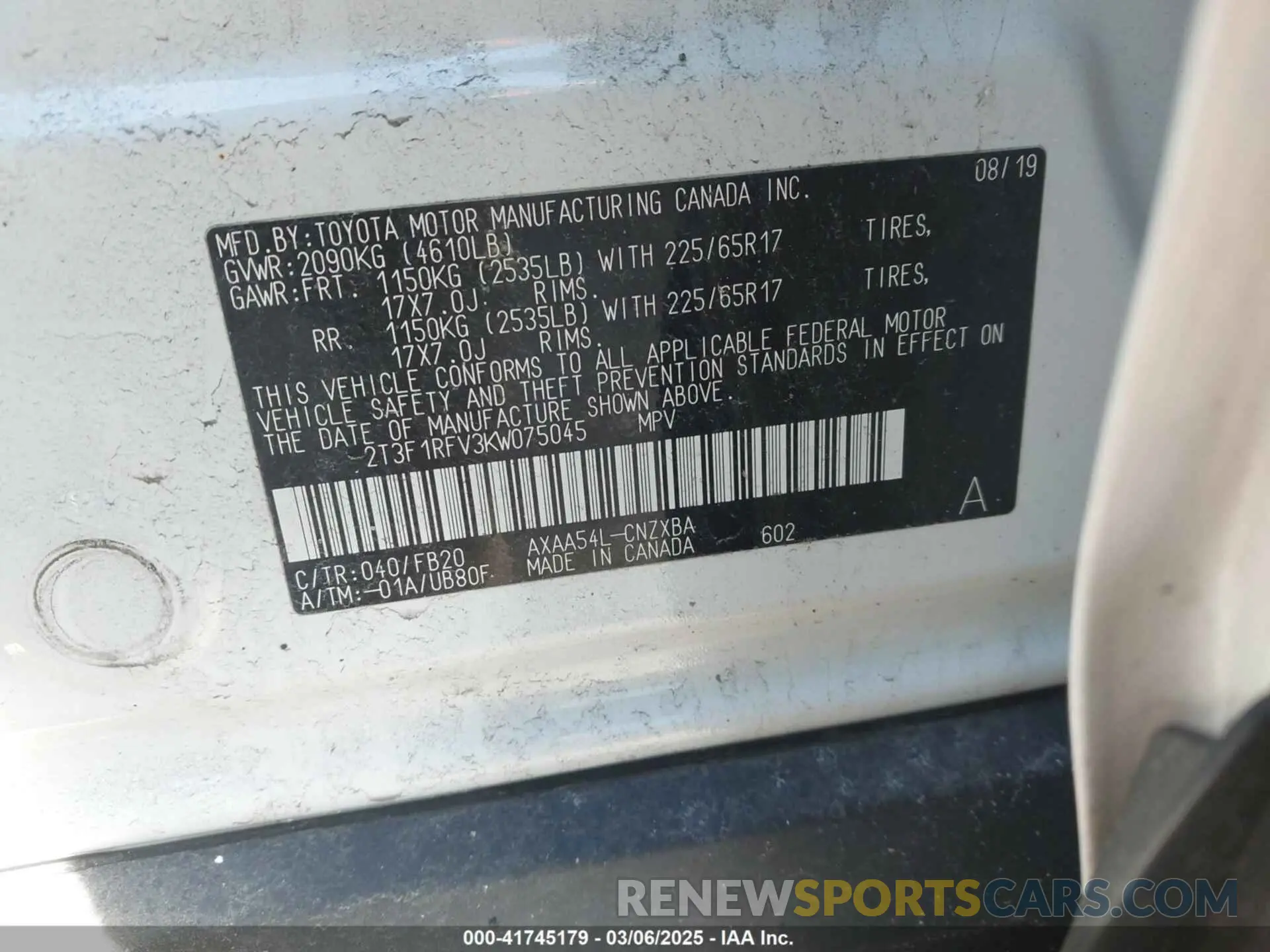 9 Photograph of a damaged car 2T3F1RFV3KW075045 TOYOTA RAV4 2019