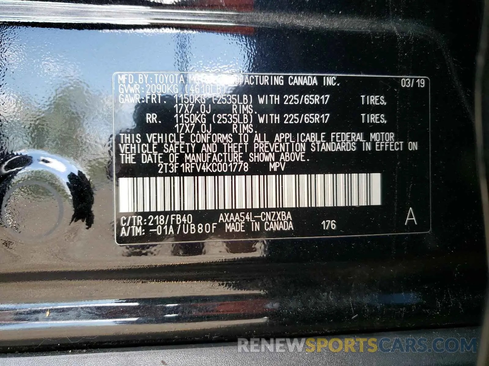 10 Photograph of a damaged car 2T3F1RFV4KC001778 TOYOTA RAV4 2019