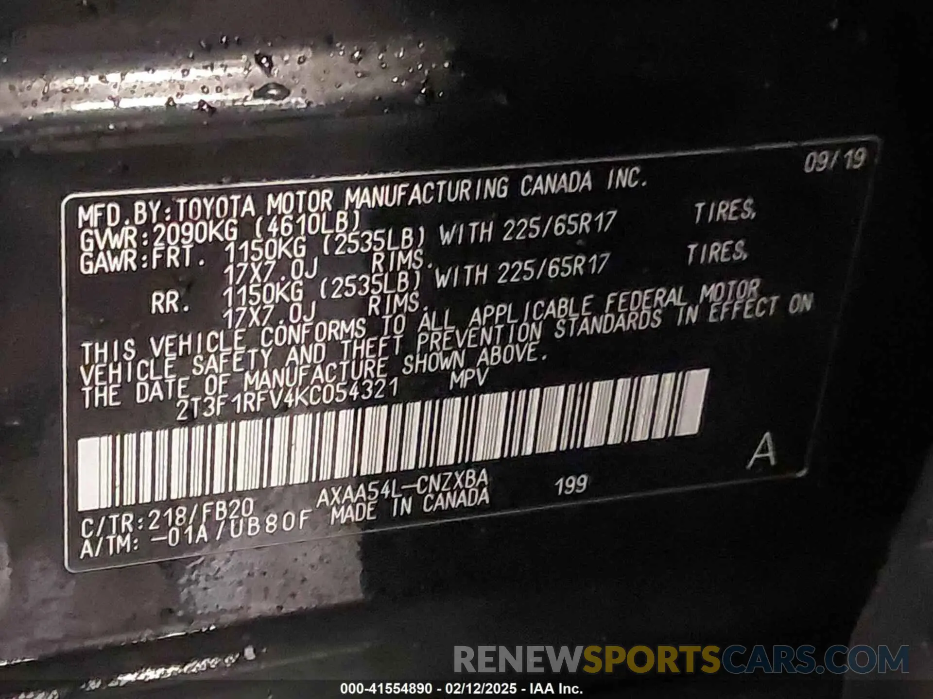 9 Photograph of a damaged car 2T3F1RFV4KC054321 TOYOTA RAV4 2019