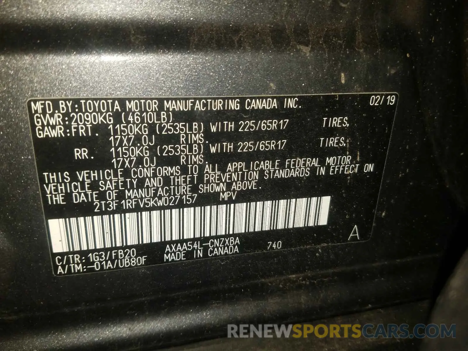 10 Photograph of a damaged car 2T3F1RFV5KW027157 TOYOTA RAV4 2019