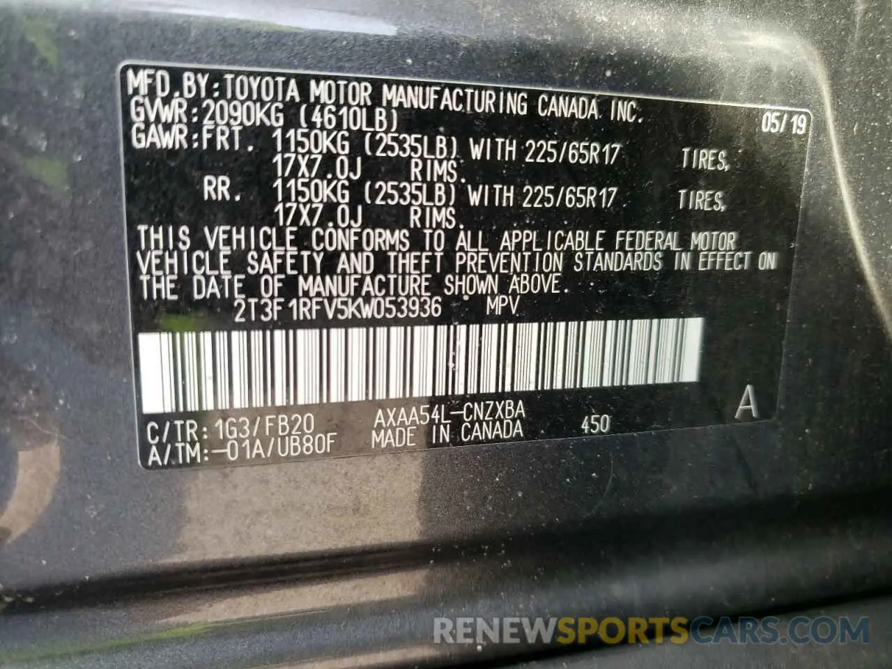 10 Photograph of a damaged car 2T3F1RFV5KW053936 TOYOTA RAV4 2019