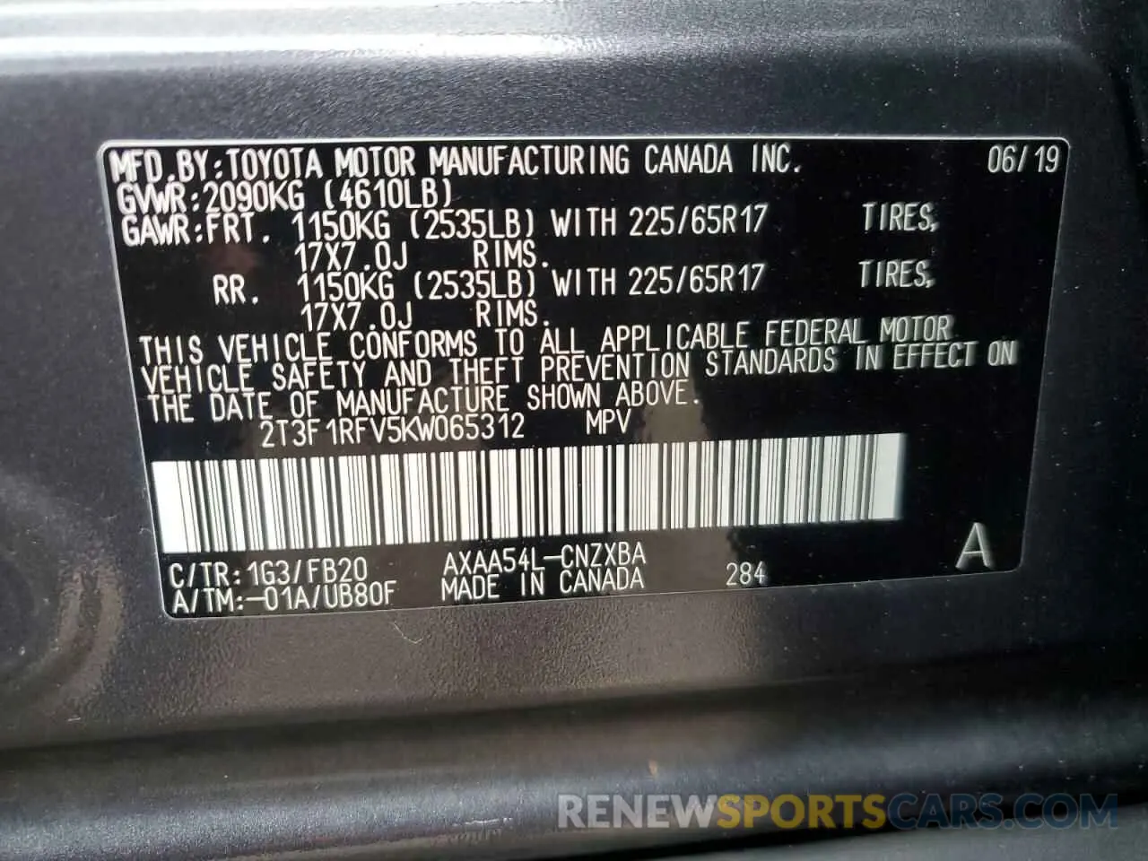 13 Photograph of a damaged car 2T3F1RFV5KW065312 TOYOTA RAV4 2019
