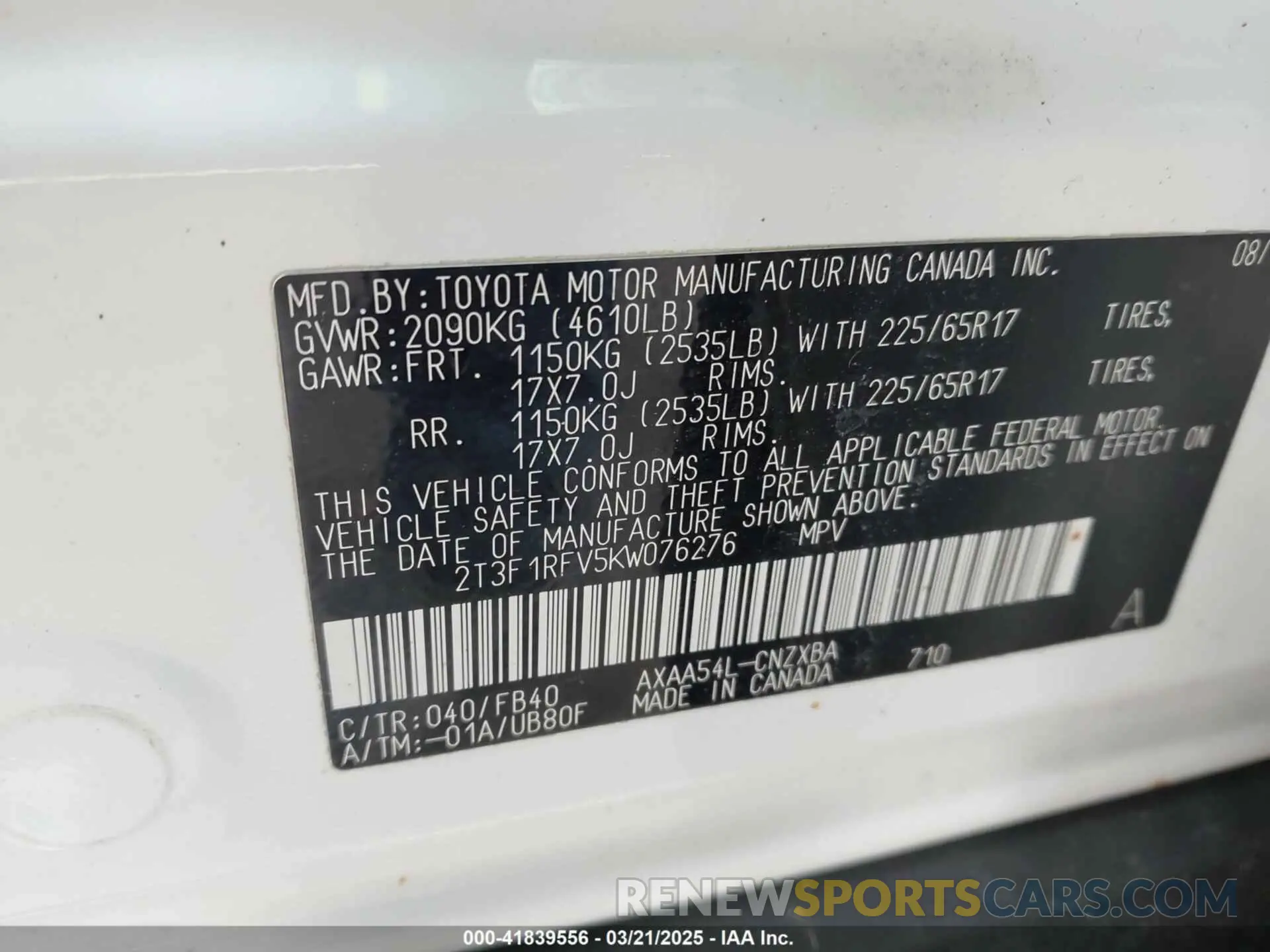 9 Photograph of a damaged car 2T3F1RFV5KW076276 TOYOTA RAV4 2019