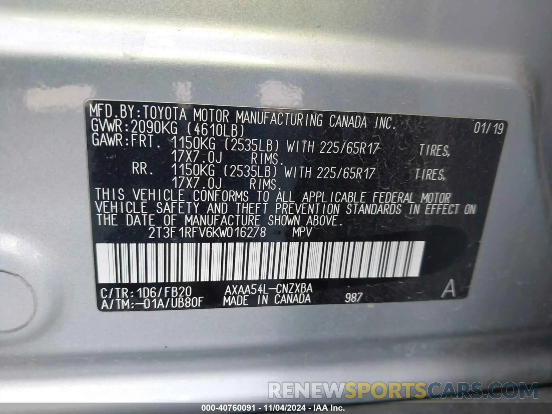 9 Photograph of a damaged car 2T3F1RFV6KW016278 TOYOTA RAV4 2019