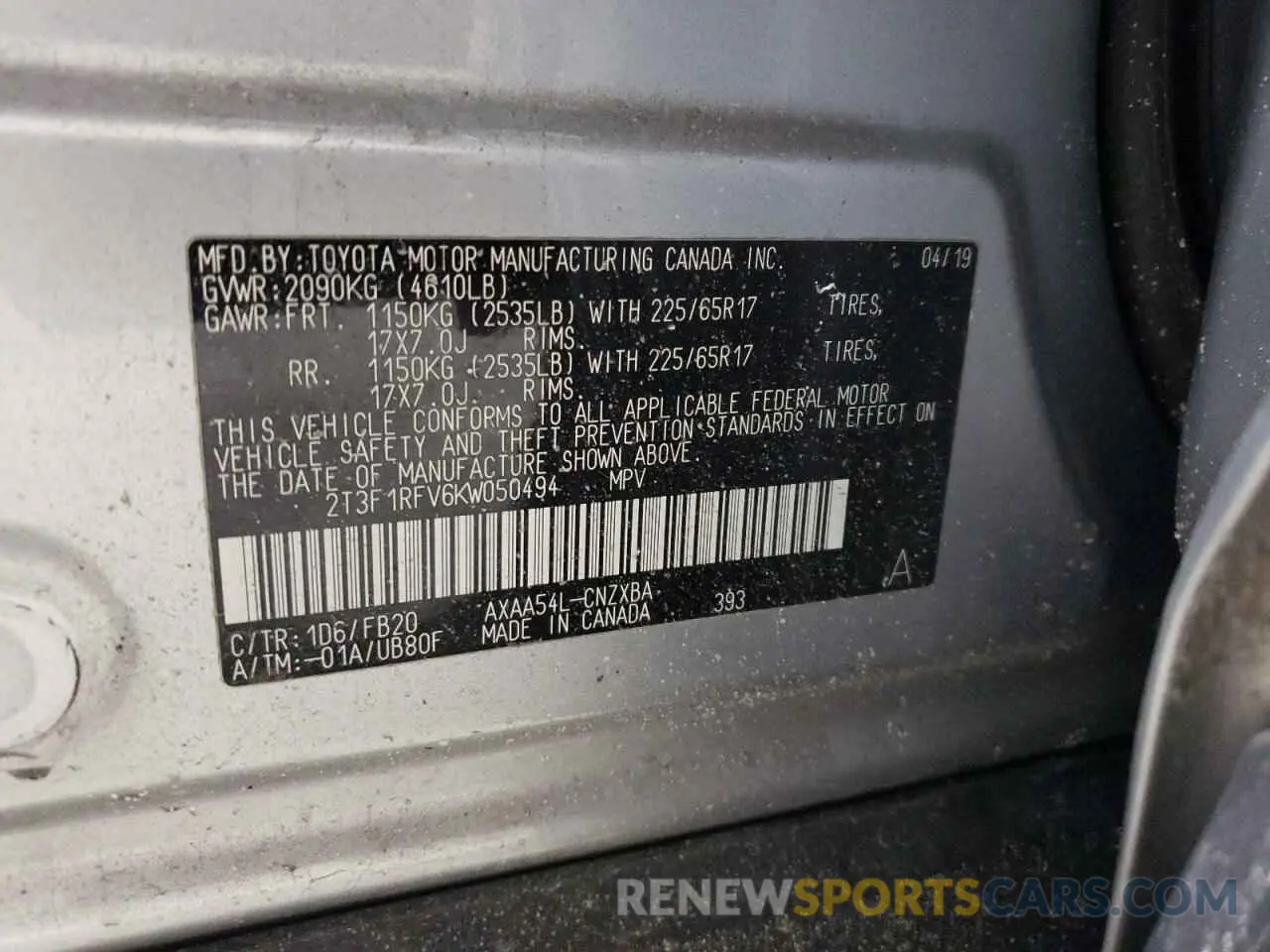 13 Фотография поврежденного автомобиля 2T3F1RFV6KW050494 TOYOTA RAV4 2019