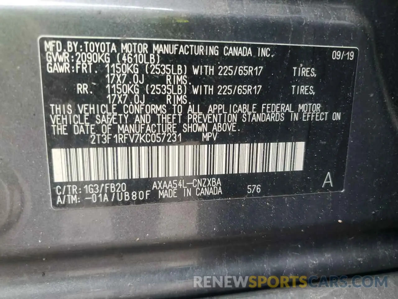 13 Photograph of a damaged car 2T3F1RFV7KC057231 TOYOTA RAV4 2019