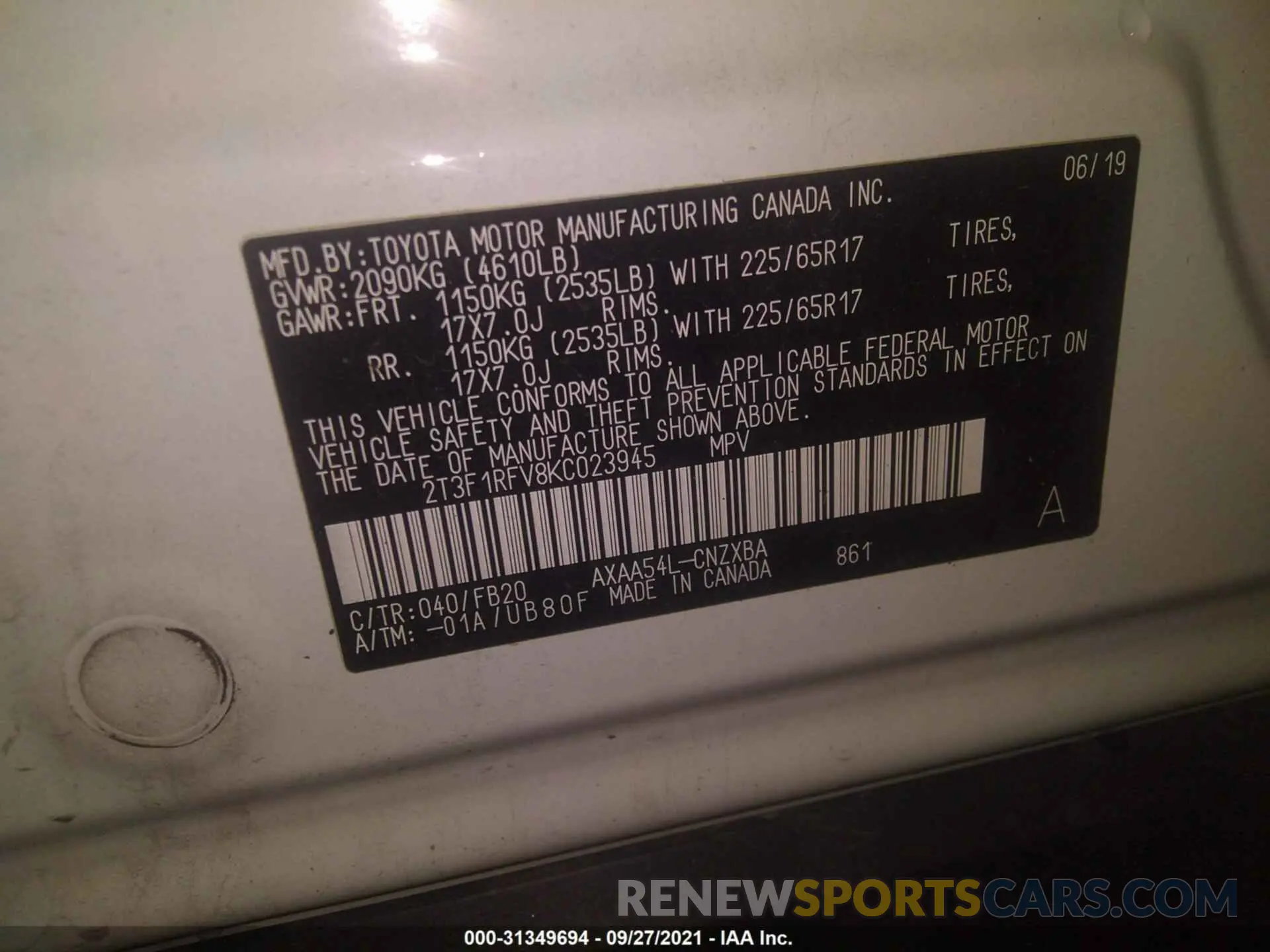 9 Photograph of a damaged car 2T3F1RFV8KC023945 TOYOTA RAV4 2019
