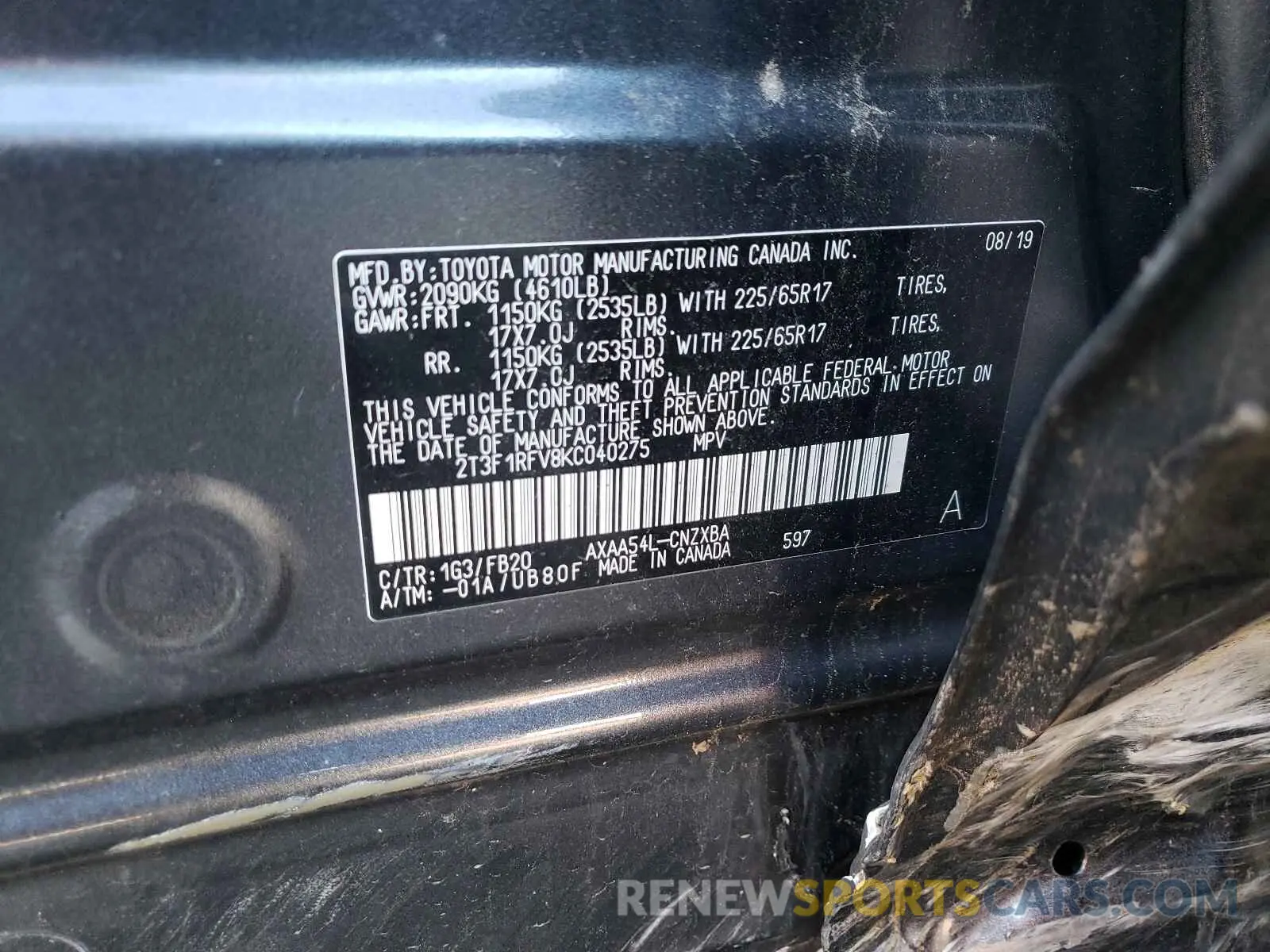 10 Photograph of a damaged car 2T3F1RFV8KC040275 TOYOTA RAV4 2019
