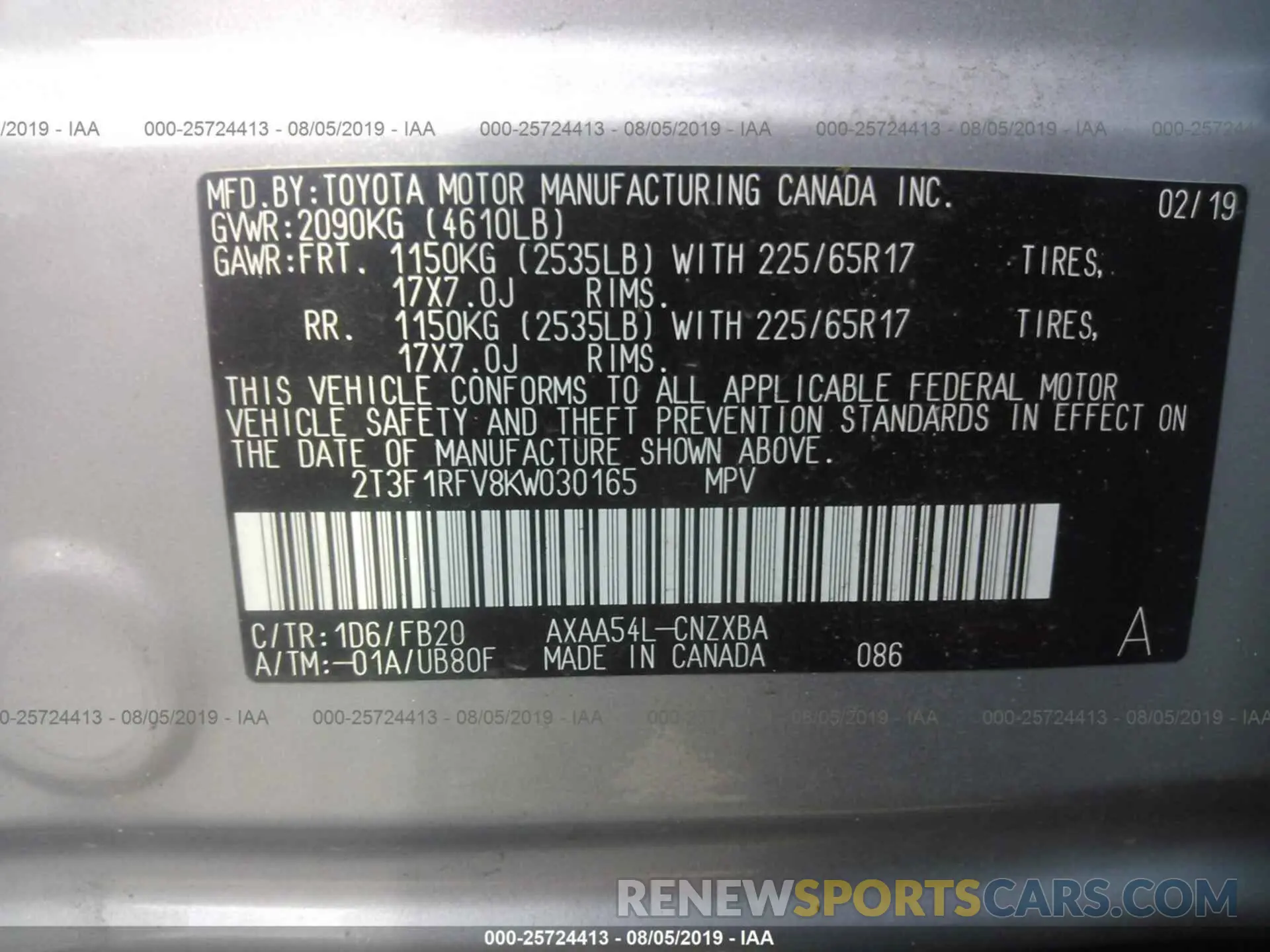9 Photograph of a damaged car 2T3F1RFV8KW030165 TOYOTA RAV4 2019