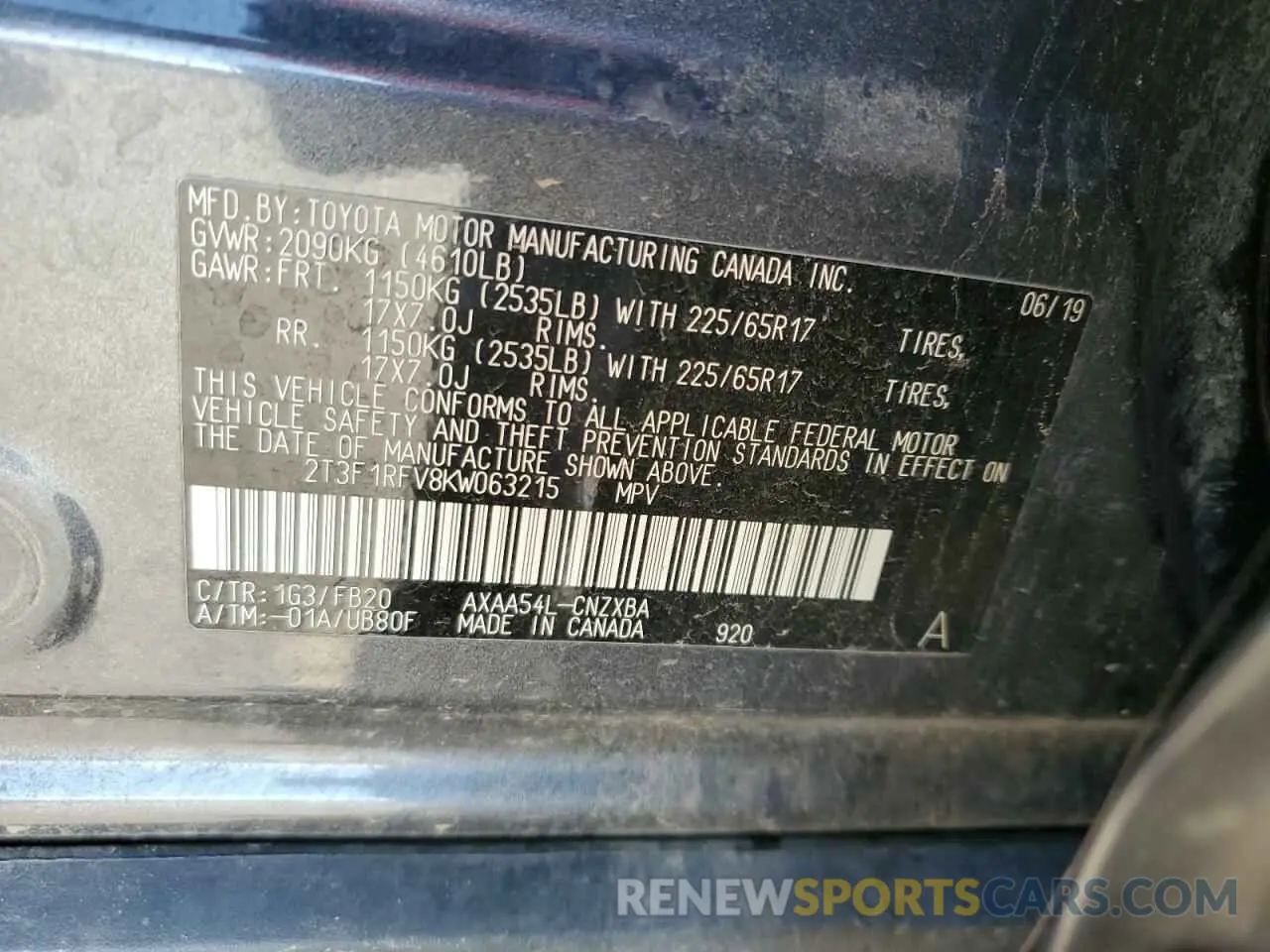13 Photograph of a damaged car 2T3F1RFV8KW063215 TOYOTA RAV4 2019