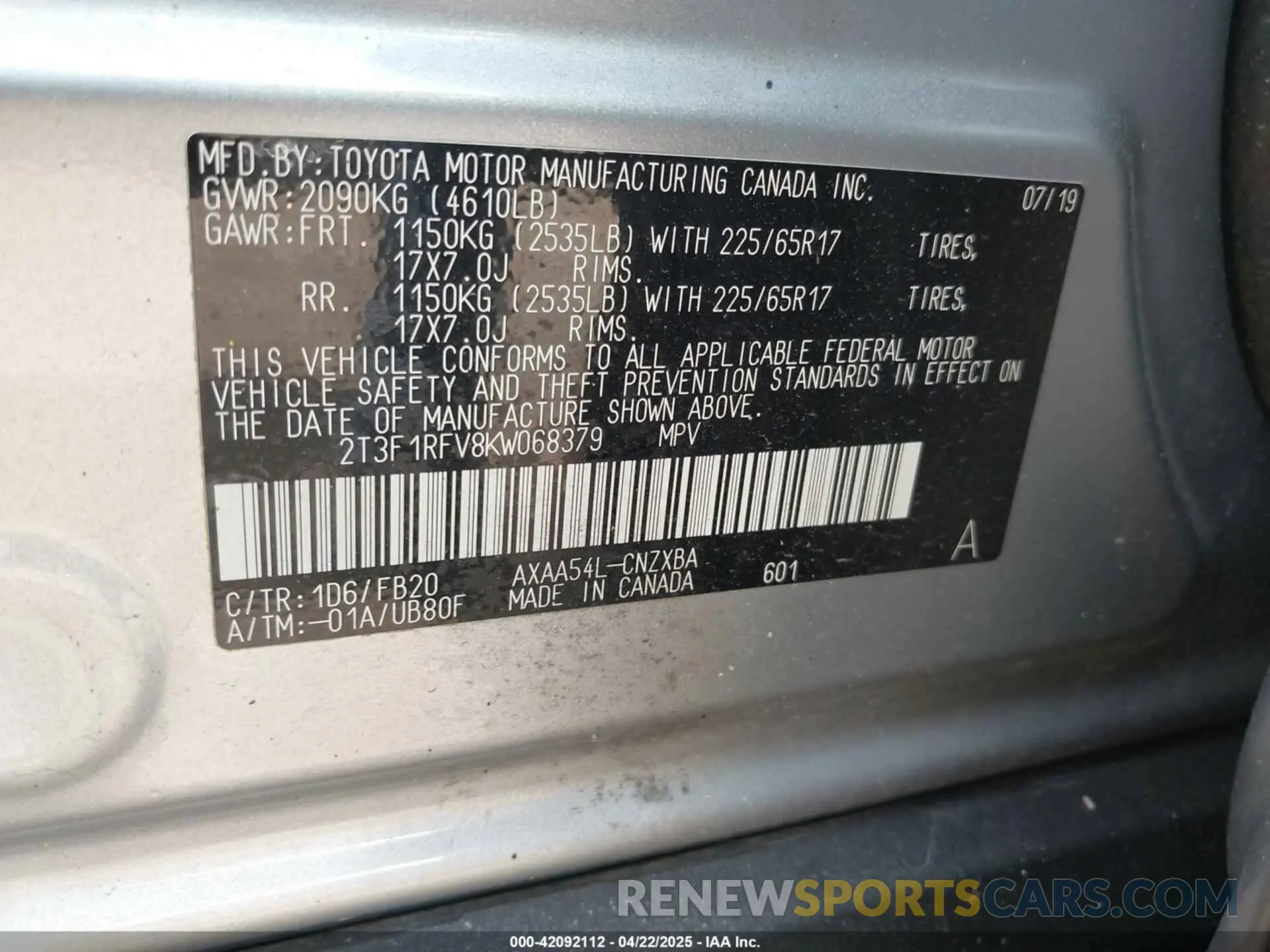 9 Photograph of a damaged car 2T3F1RFV8KW068379 TOYOTA RAV4 2019