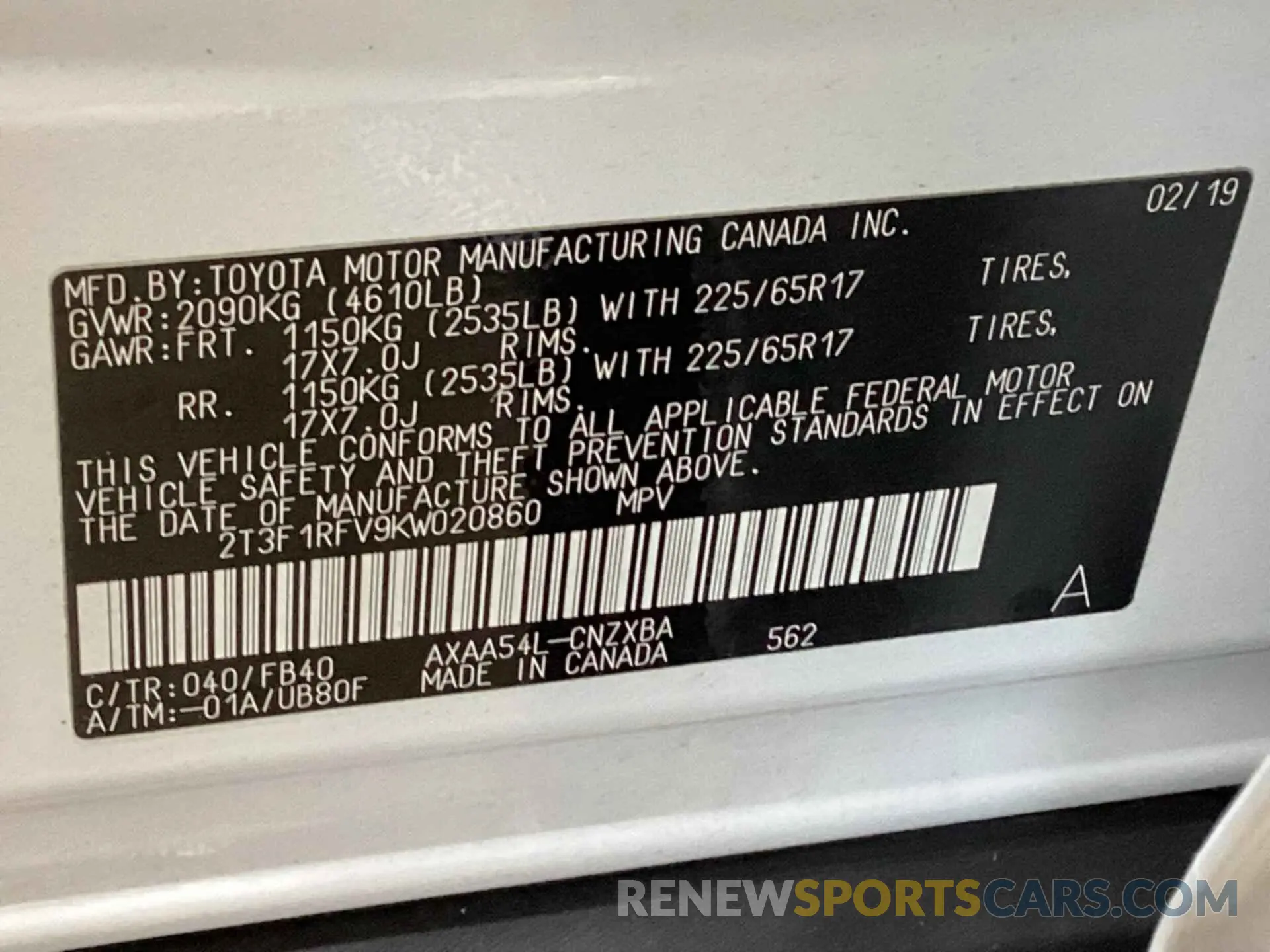 2 Photograph of a damaged car 2T3F1RFV9KW020860 TOYOTA RAV4 2019