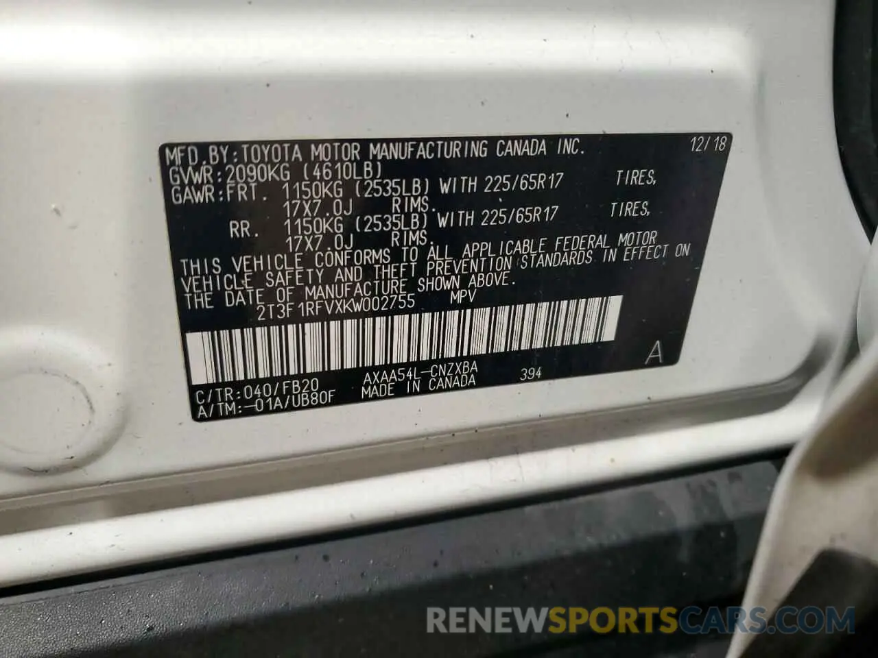 13 Фотография поврежденного автомобиля 2T3F1RFVXKW002755 TOYOTA RAV4 2019