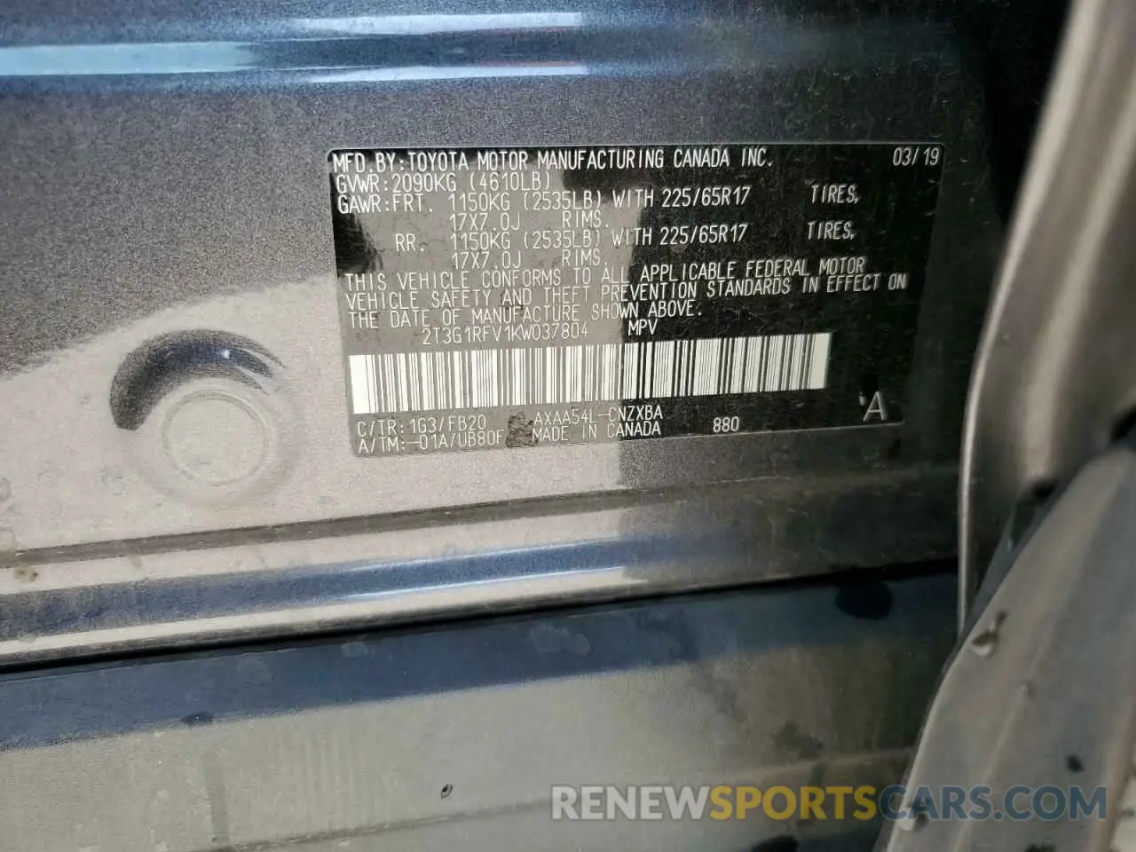 13 Фотография поврежденного автомобиля 2T3G1RFV1KW037804 TOYOTA RAV4 2019