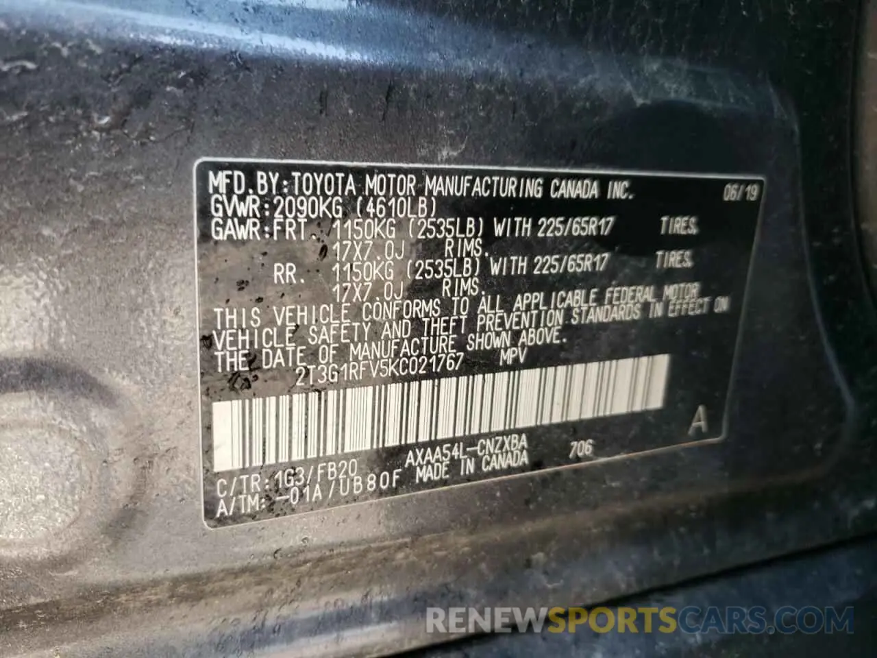 10 Photograph of a damaged car 2T3G1RFV5KC021767 TOYOTA RAV4 2019
