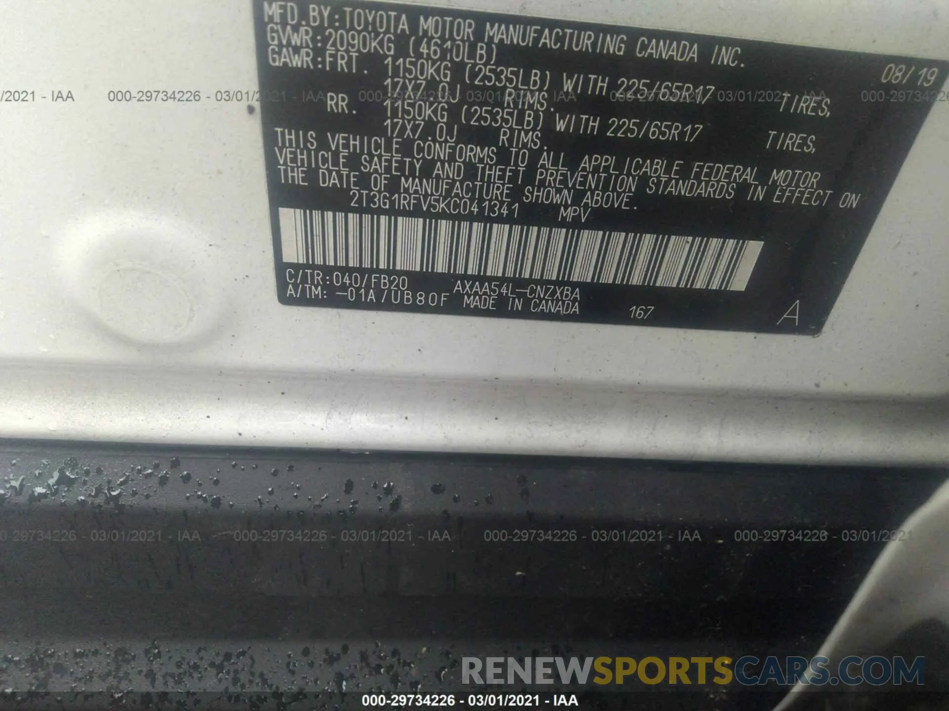 9 Photograph of a damaged car 2T3G1RFV5KC041341 TOYOTA RAV4 2019