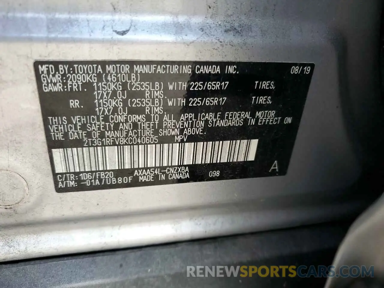 13 Photograph of a damaged car 2T3G1RFV8KC040605 TOYOTA RAV4 2019