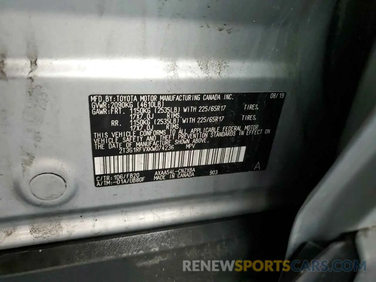 13 Photograph of a damaged car 2T3G1RFVXKW074236 TOYOTA RAV4 2019