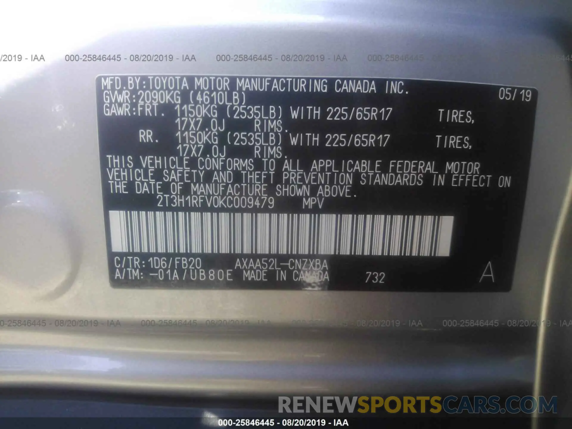 9 Photograph of a damaged car 2T3H1RFV0KC009479 TOYOTA RAV4 2019