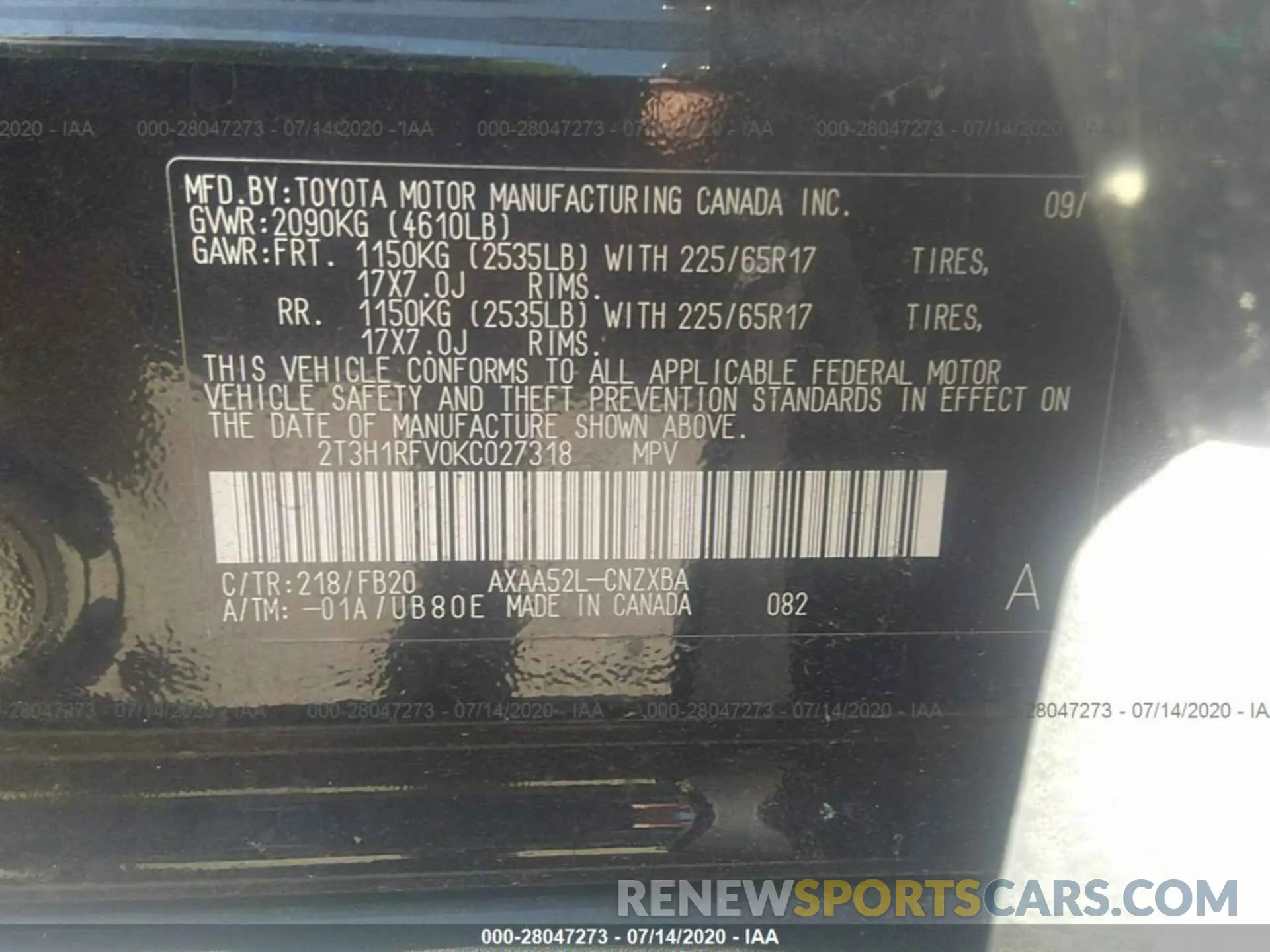 9 Photograph of a damaged car 2T3H1RFV0KC027318 TOYOTA RAV4 2019