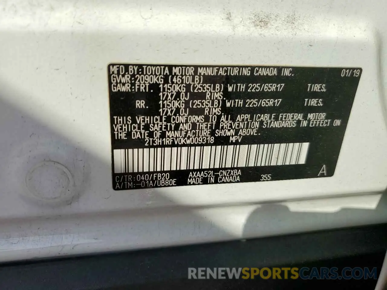 14 Photograph of a damaged car 2T3H1RFV0KW009318 TOYOTA RAV4 2019
