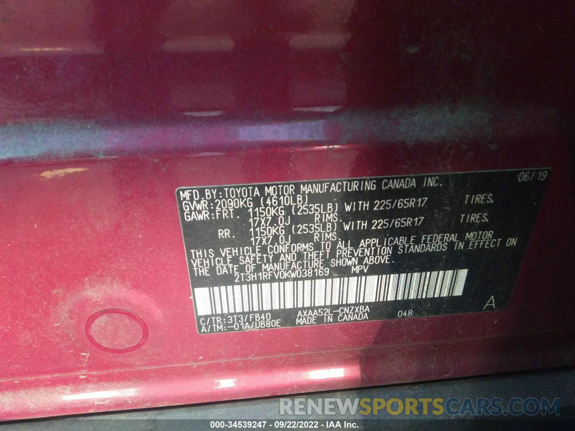 9 Фотография поврежденного автомобиля 2T3H1RFV0KW038169 TOYOTA RAV4 2019