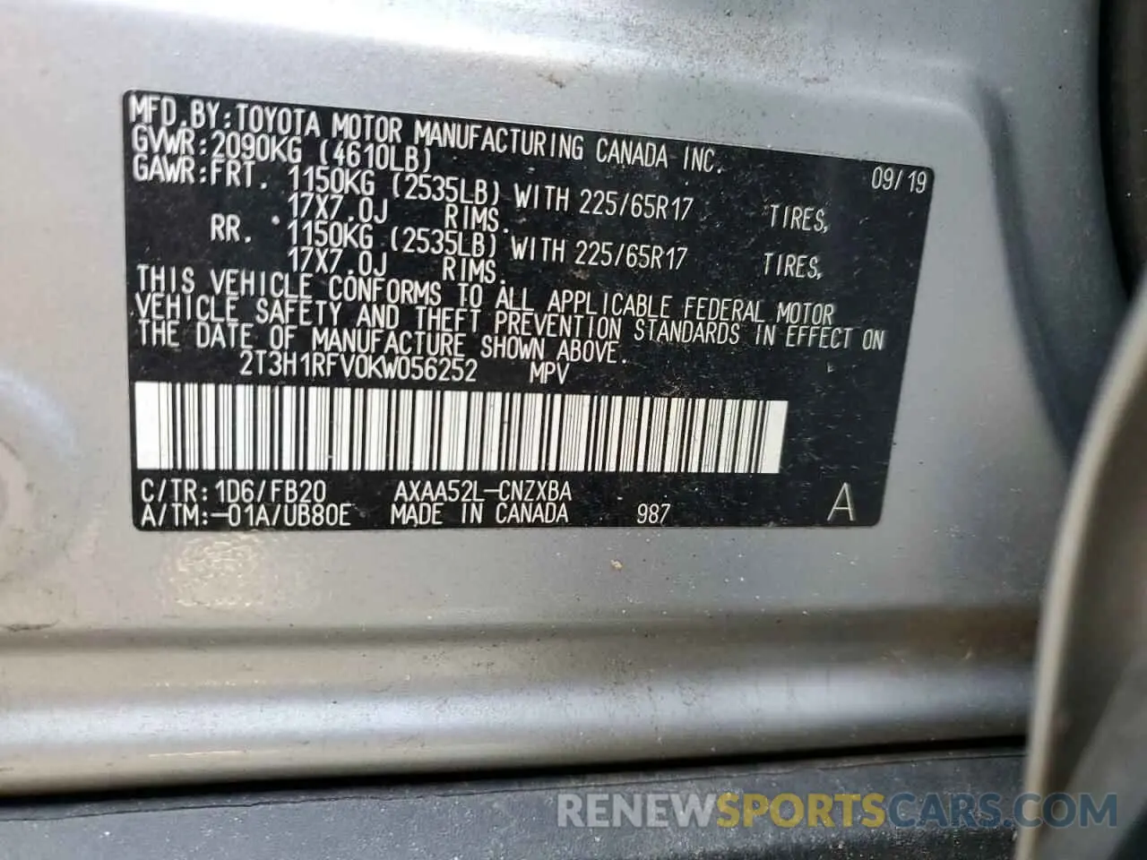 14 Photograph of a damaged car 2T3H1RFV0KW056252 TOYOTA RAV4 2019
