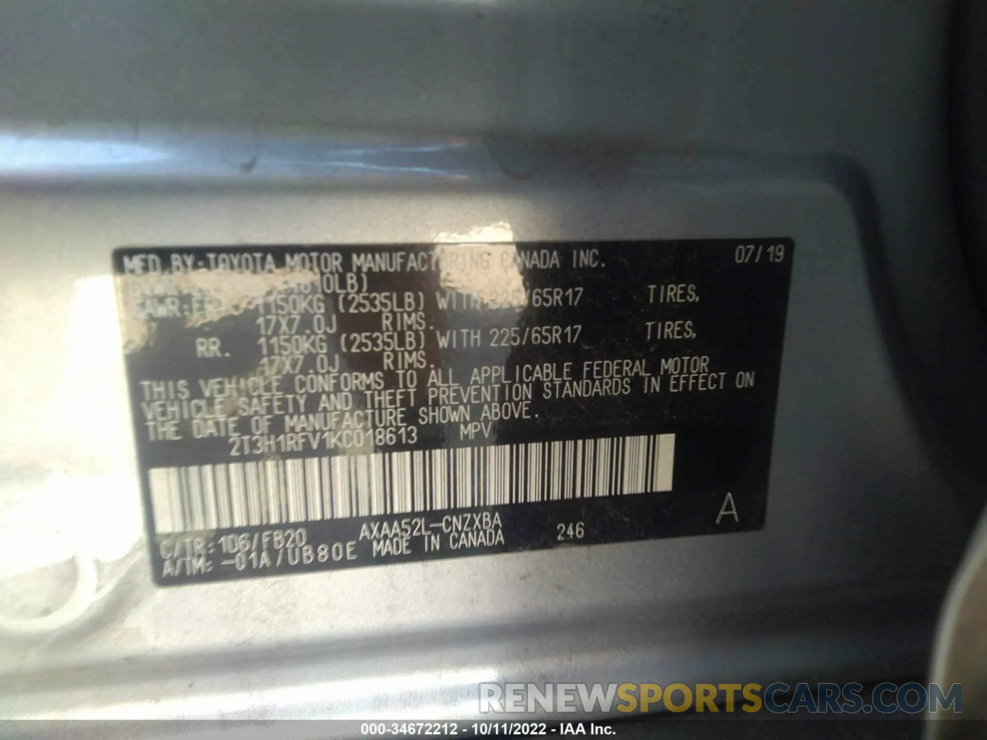 9 Фотография поврежденного автомобиля 2T3H1RFV1KC018613 TOYOTA RAV4 2019