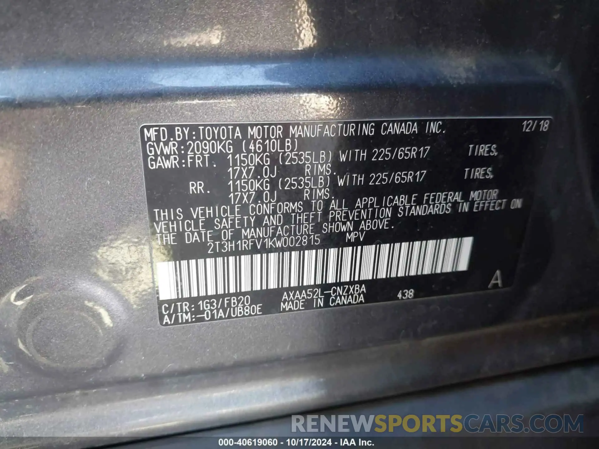 9 Photograph of a damaged car 2T3H1RFV1KW002815 TOYOTA RAV4 2019