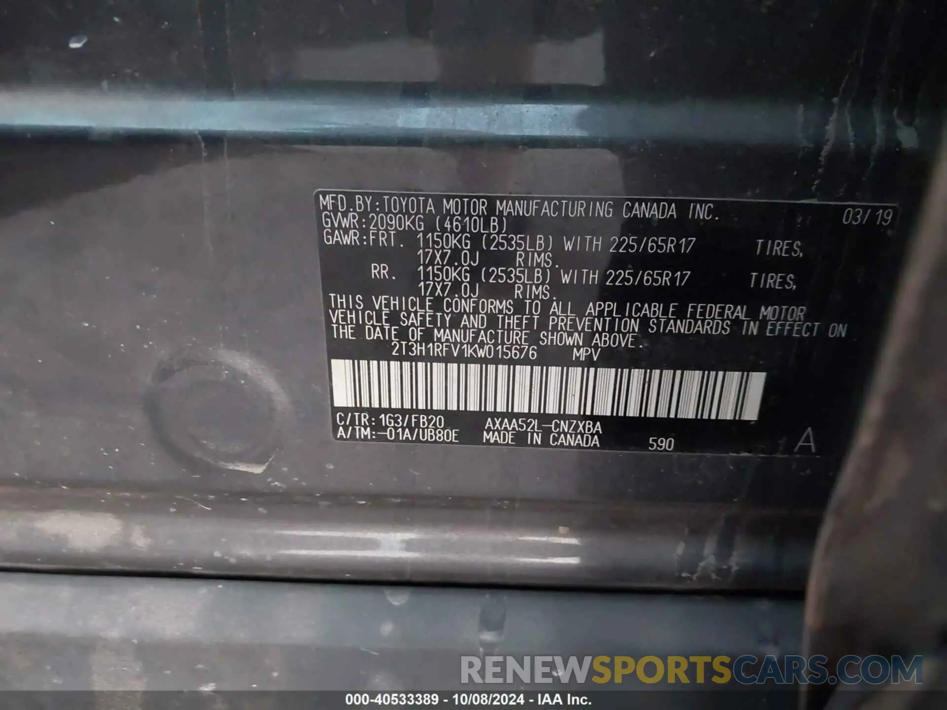 9 Фотография поврежденного автомобиля 2T3H1RFV1KW015676 TOYOTA RAV4 2019