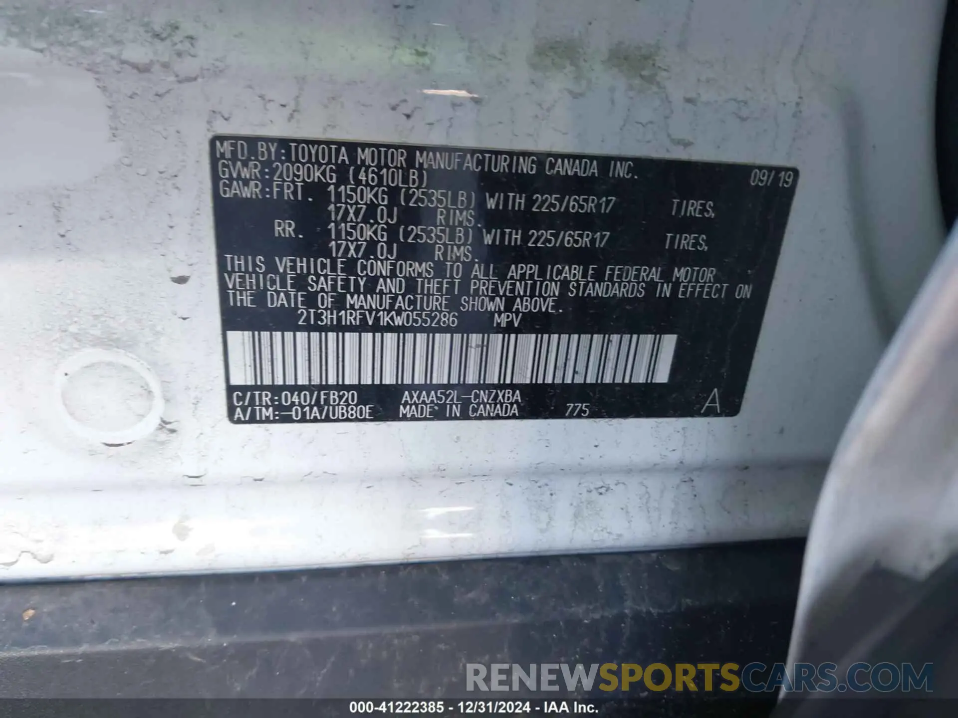 9 Фотография поврежденного автомобиля 2T3H1RFV1KW055286 TOYOTA RAV4 2019