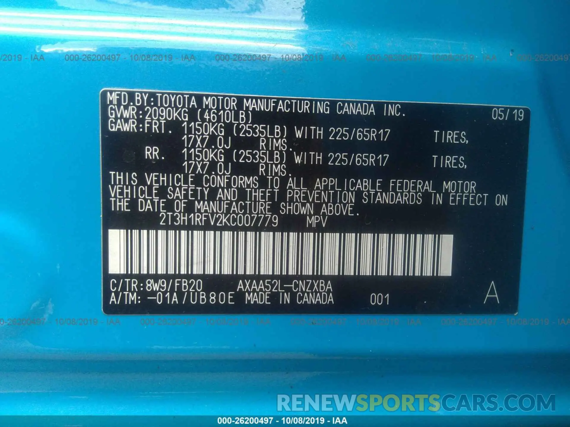 9 Photograph of a damaged car 2T3H1RFV2KC007779 TOYOTA RAV4 2019