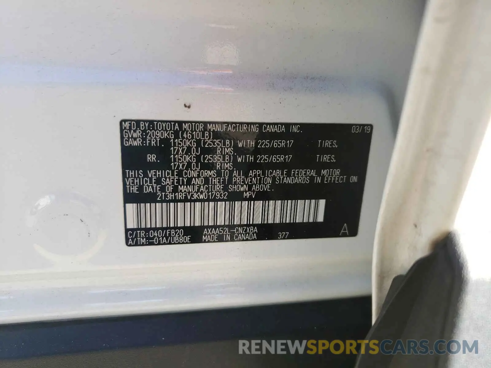 10 Фотография поврежденного автомобиля 2T3H1RFV3KW017932 TOYOTA RAV4 2019