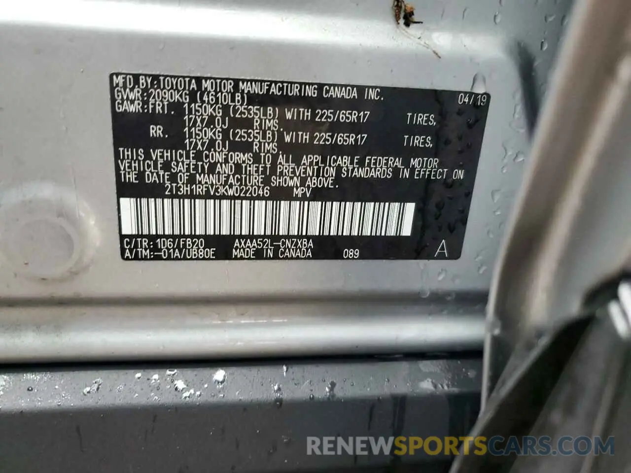 13 Фотография поврежденного автомобиля 2T3H1RFV3KW022046 TOYOTA RAV4 2019