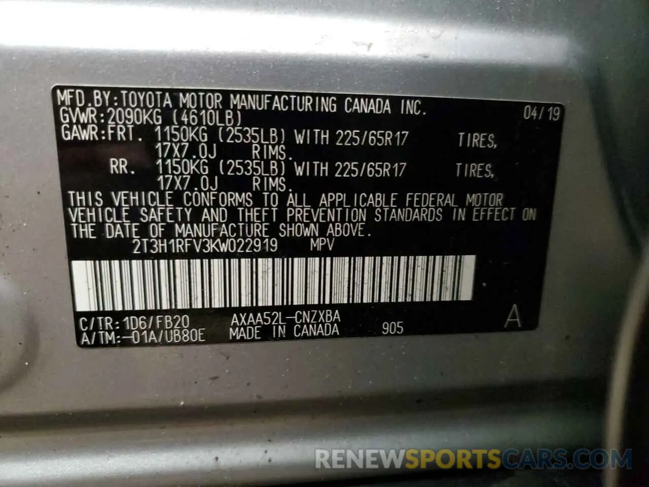 13 Фотография поврежденного автомобиля 2T3H1RFV3KW022919 TOYOTA RAV4 2019