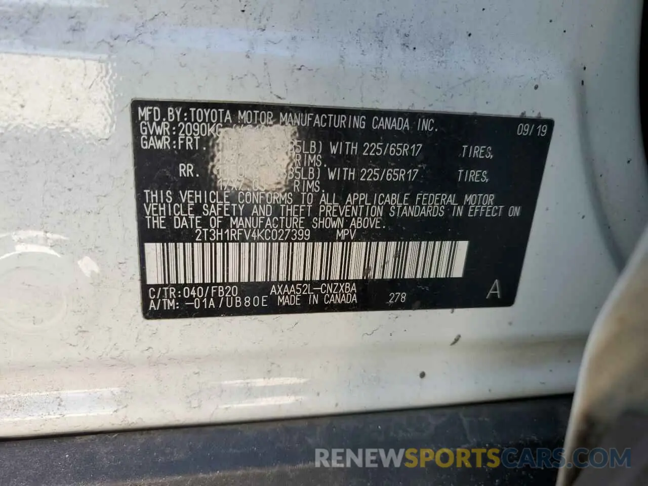 13 Фотография поврежденного автомобиля 2T3H1RFV4KC027399 TOYOTA RAV4 2019
