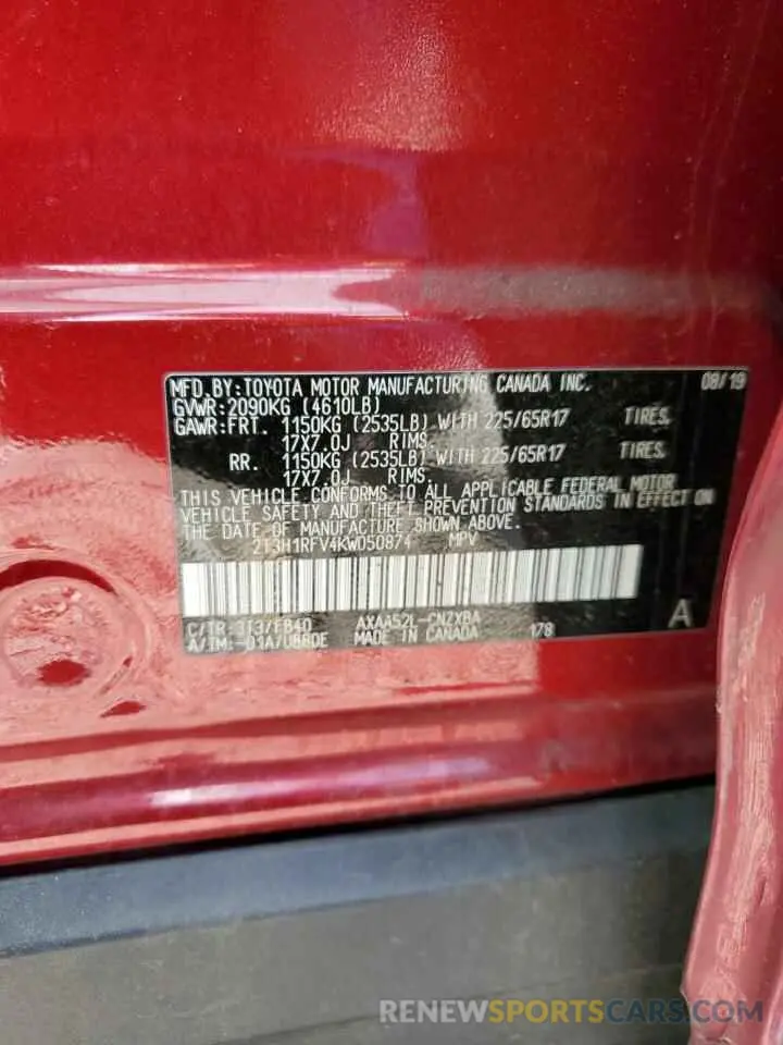 13 Фотография поврежденного автомобиля 2T3H1RFV4KW050874 TOYOTA RAV4 2019