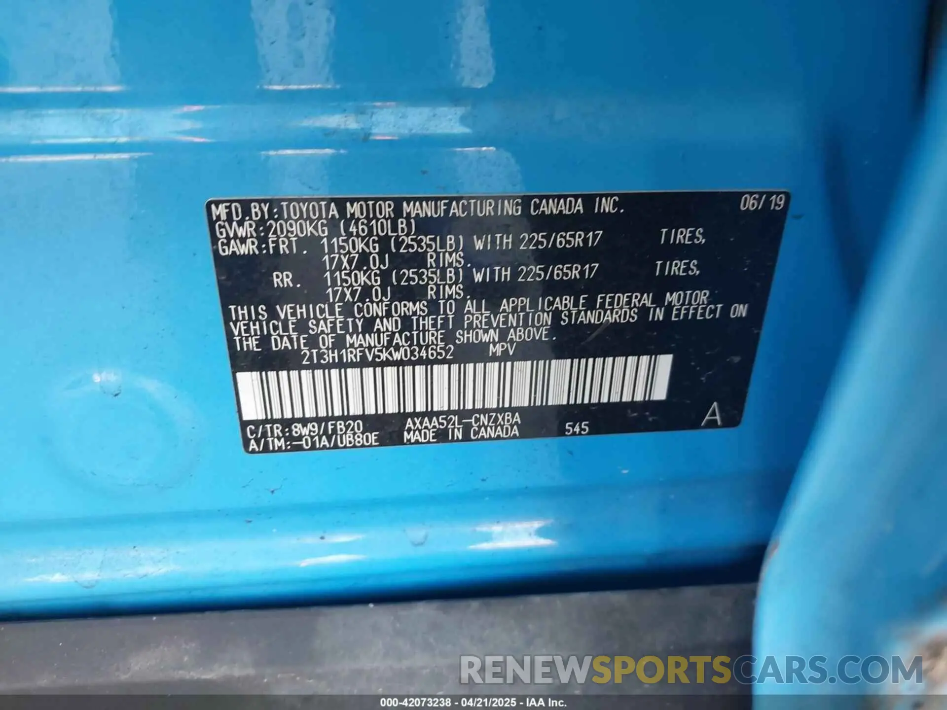 9 Фотография поврежденного автомобиля 2T3H1RFV5KW034652 TOYOTA RAV4 2019