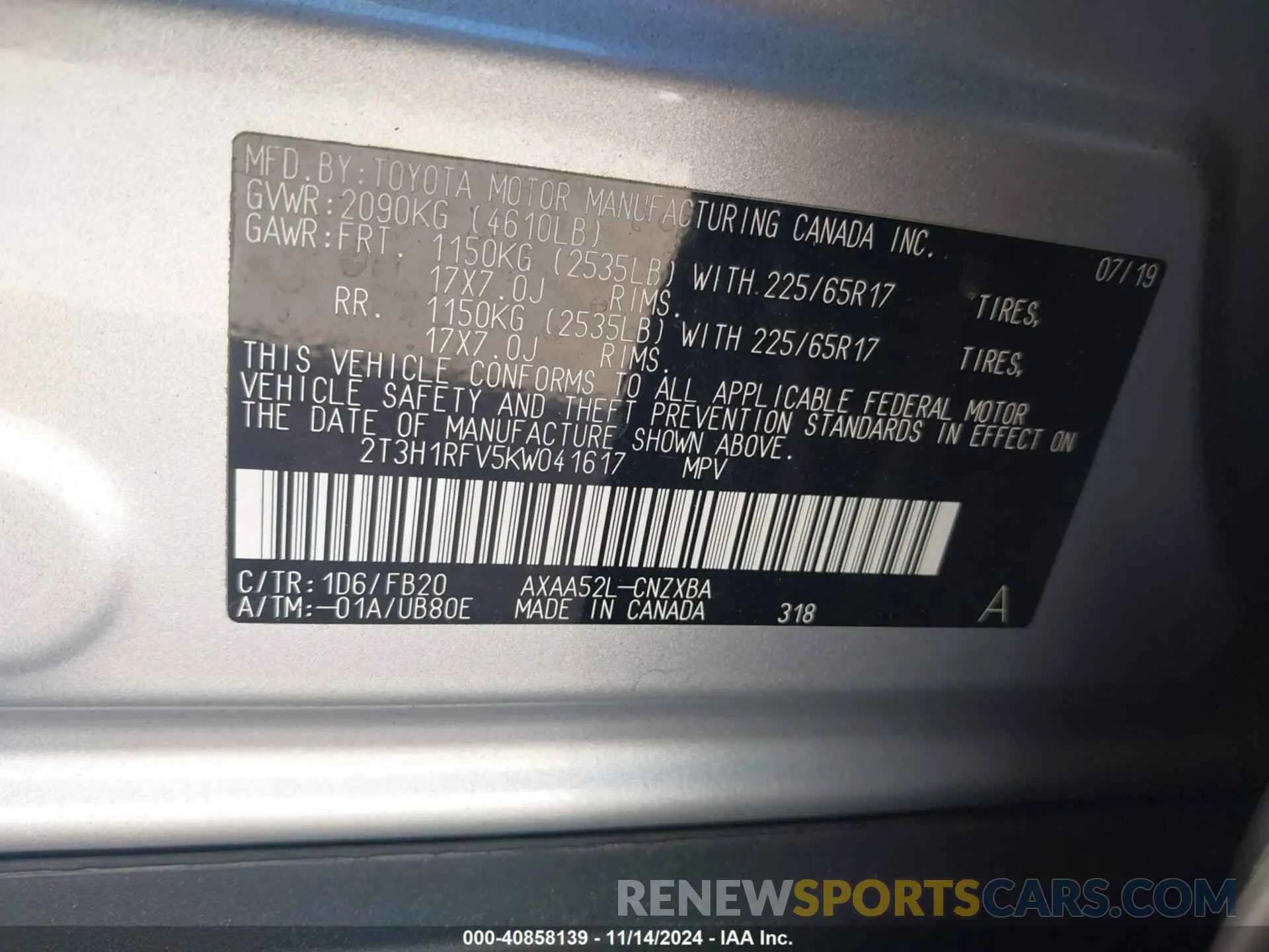 9 Фотография поврежденного автомобиля 2T3H1RFV5KW041617 TOYOTA RAV4 2019
