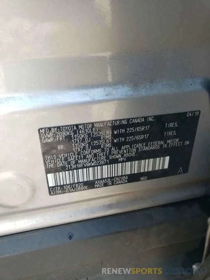 13 Фотография поврежденного автомобиля 2T3H1RFV6KW023871 TOYOTA RAV4 2019