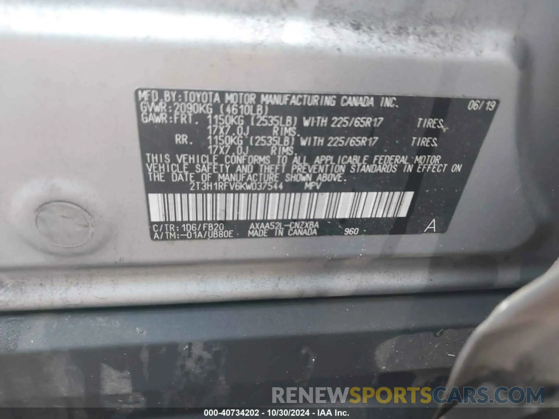 9 Фотография поврежденного автомобиля 2T3H1RFV6KW037544 TOYOTA RAV4 2019