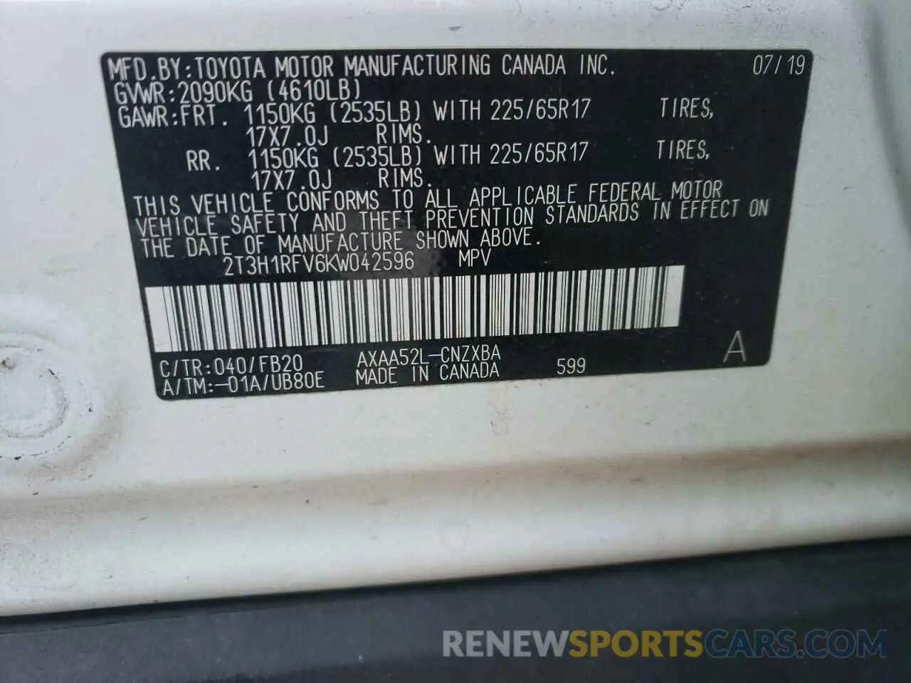 10 Фотография поврежденного автомобиля 2T3H1RFV6KW042596 TOYOTA RAV4 2019
