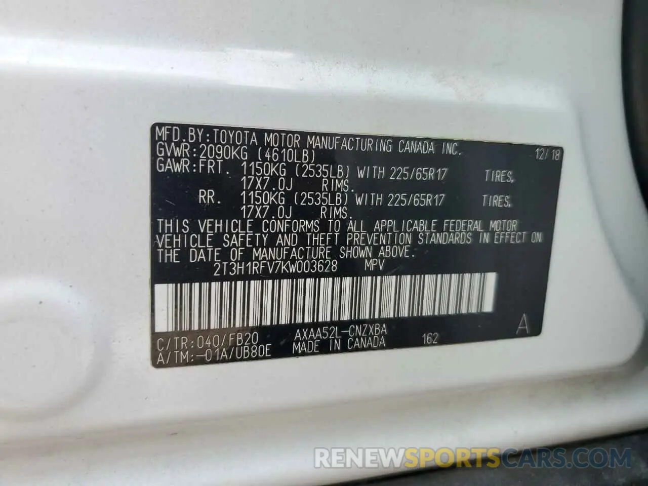 16 Photograph of a damaged car 2T3H1RFV7KW003628 TOYOTA RAV4 2019
