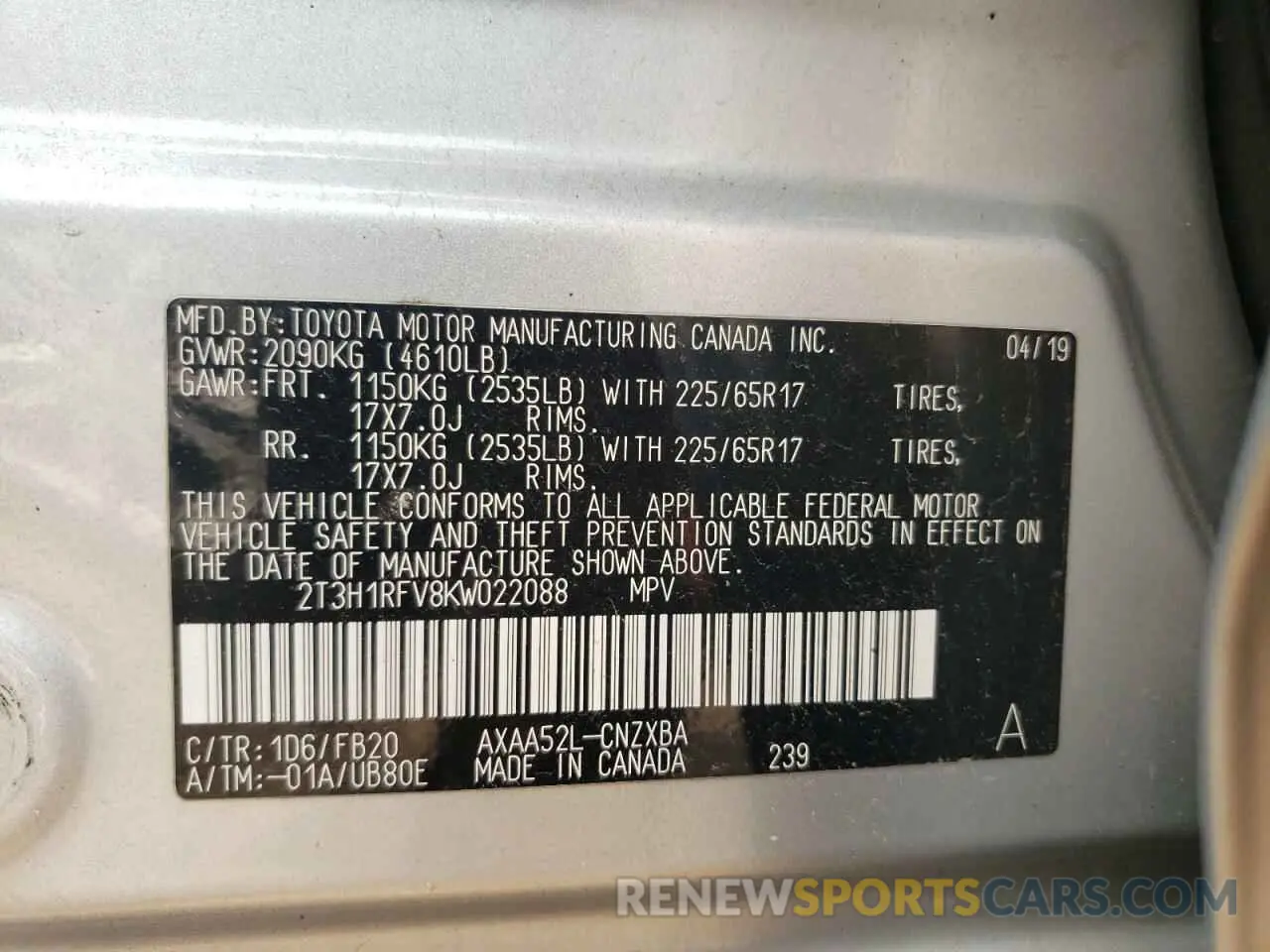 12 Photograph of a damaged car 2T3H1RFV8KW022088 TOYOTA RAV4 2019